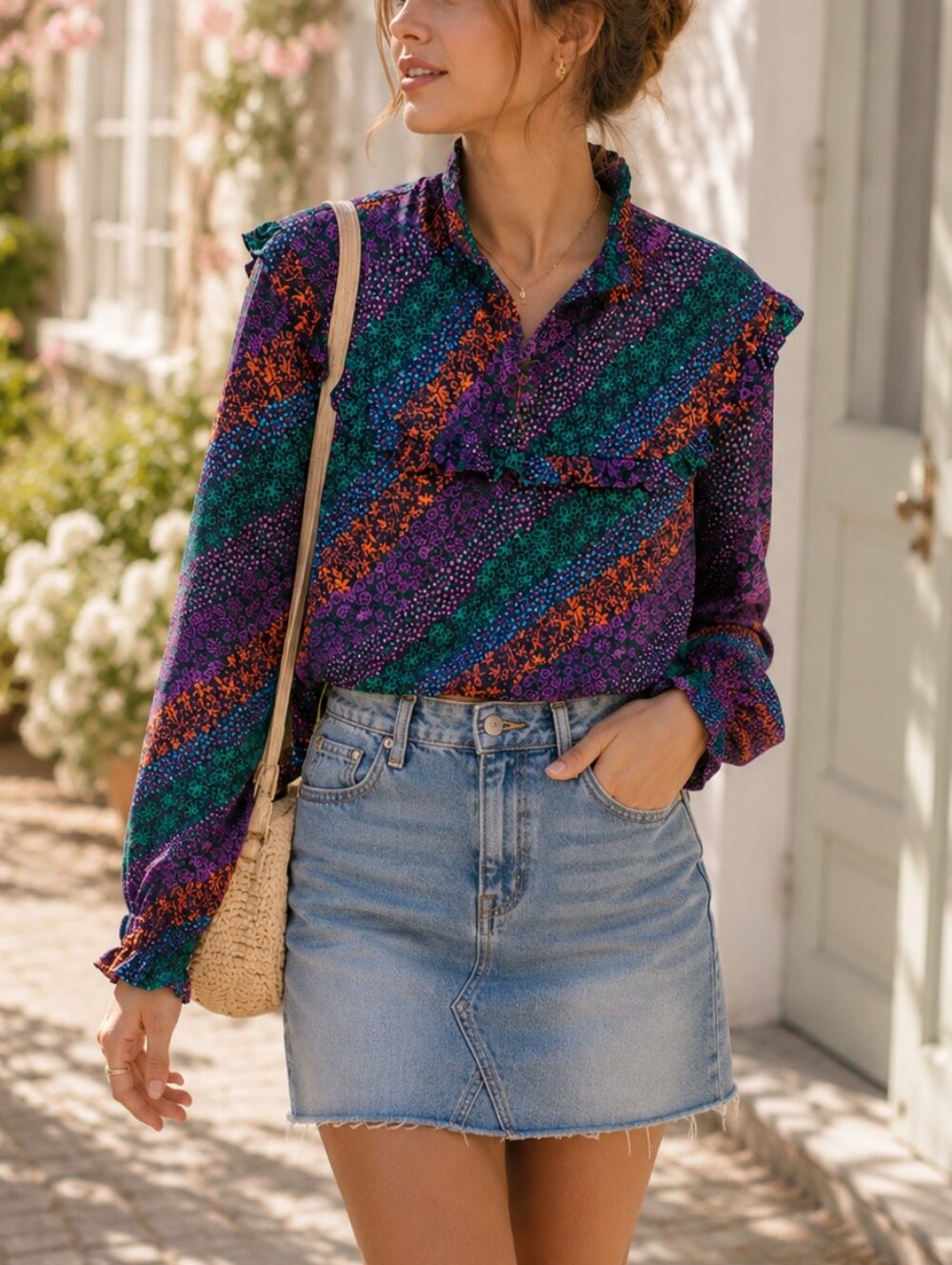 NWT FRNCH Paris Purple Green Orange Floral Stripe Ruffle Mock Neck Blouse Boho